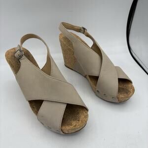 Lucky Brand Sandals Womens Size 8.5 M Minari Wedge Slingback Cork Tan‎ Leather